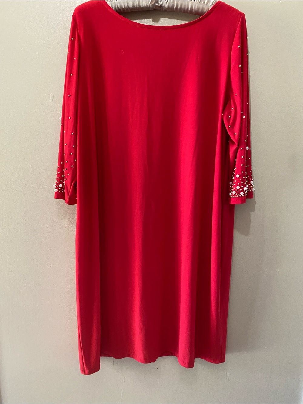 Tiana B. Red Midi Dress with Pearl-Embellished Sleeves